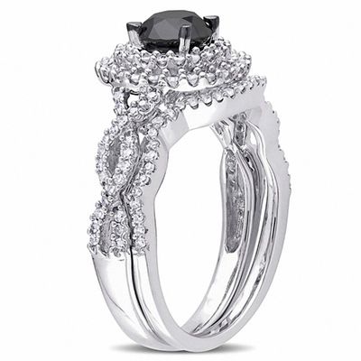 1.49 CT. T.W. Enhanced Black and White Diamond Double Frame Twist Shank Bridal Set in 10K White Gold