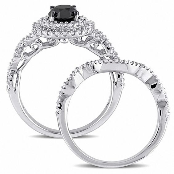 1.49 CT. T.W. Enhanced Black and White Diamond Double Frame Twist Shank Bridal Set in 10K White Gold