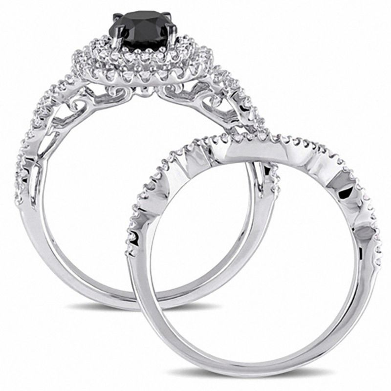 1.49 CT. T.W. Enhanced Black and White Diamond Double Frame Twist Shank Bridal Set in 10K White Gold|Peoples Jewellers