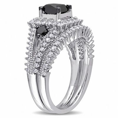 2.06 CT. T.W. Princess-Cut Enhanced Black and White Diamond Milgrain Split Shank Bridal Set in 10K White Gold