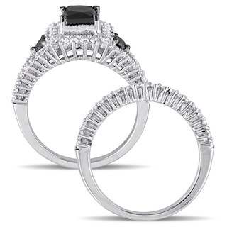 2.06 CT. T.W. Princess-Cut Enhanced Black and White Diamond Milgrain Split Shank Bridal Set in 10K White Gold