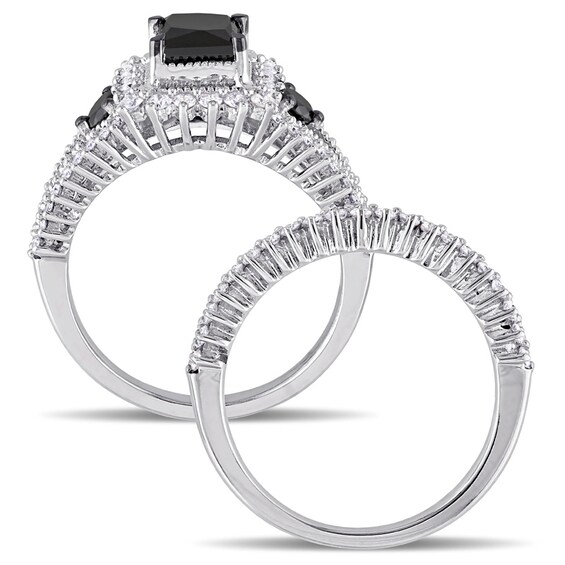 2.06 CT. T.W. Princess-Cut Enhanced Black and White Diamond Milgrain Split Shank Bridal Set in 10K White Gold