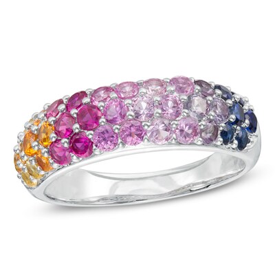 Lab-Created Ruby and Multi-Colour Sapphire Dome Ring in Sterling Silver