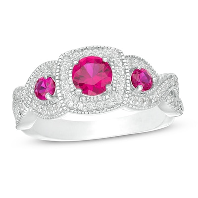 Lab-Created Ruby and White Sapphire Three Stone Frame Twist Ring in Sterling Silver