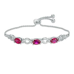 Oval Lab-Created Ruby Three Stone Bolo Bracelet in Sterling Silver - 9.5&quot;