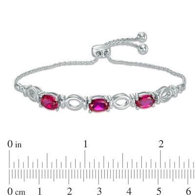 Oval Lab-Created Ruby Three Stone Bolo Bracelet in Sterling Silver - 9.5"