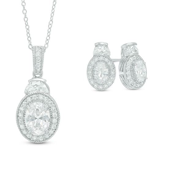 Oval Lab-Created White Sapphire Vintage-Style Frame Pendant and Earrings Set in Sterling Silver