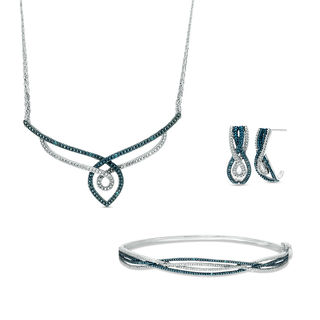 0.10 CT. T.W. Enhanced Blue and White Diamond Twist Necklace, Drop Earrings, and Bangle Set in Sterling Silver