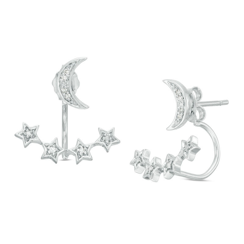 Main Image 1 of 0.04 CT. T.W. Diamond Moon and Star Front/Back Earrings in Sterling Silver