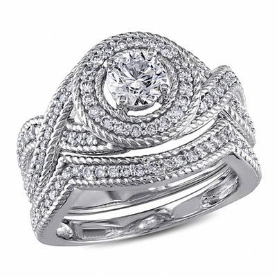 1.00 CT. T.W. Diamond Frame Rope Twist Bridal Set in 14K White Gold