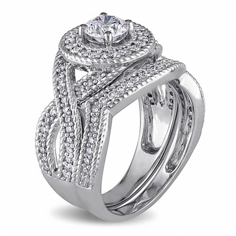 1.00 CT. T.W. Diamond Frame Rope Twist Bridal Set in 14K White Gold|Peoples Jewellers