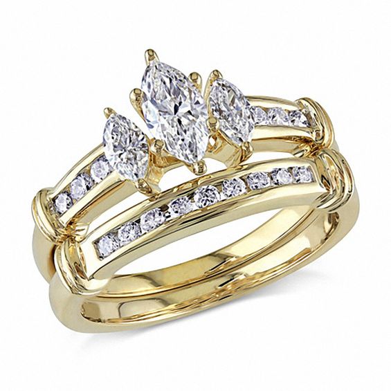 0.99 CT. T.W. Marquise Diamond Three Stone Bridal Set in 14K Gold