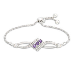 Amethyst and 0.09 CT. T.W. Diamond Three Stone Bypass Bolo Bracelet in Sterling Silver - 9.5&quot;