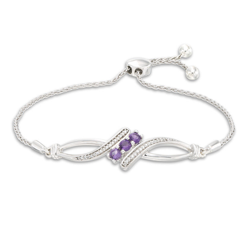 Amethyst and 0.09 CT. T.W. Diamond Three Stone Bypass Bolo Bracelet in Sterling Silver - 9.5"|Peoples Jewellers