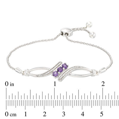 Amethyst and 0.09 CT. T.W. Diamond Three Stone Bypass Bolo Bracelet in Sterling Silver - 9.5"