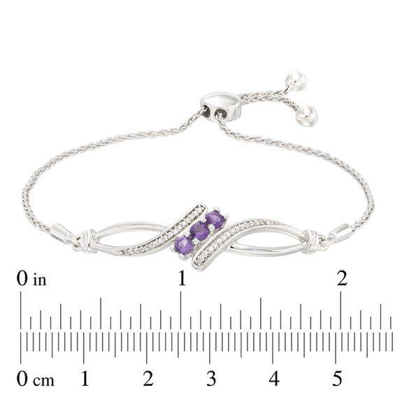 Amethyst and 0.09 CT. T.W. Diamond Three Stone Bypass Bolo Bracelet in Sterling Silver - 9.5"