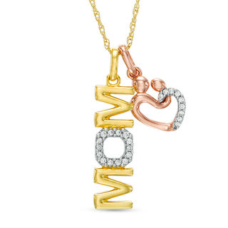 0.10 CT. T.W. Diamond Vertical "MOM" and Motherly Love Heart Pendant in 10K Tri-Tone Gold