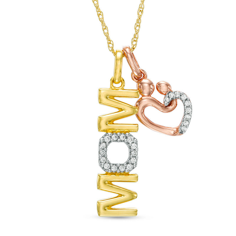 0.10 CT. T.W. Diamond Vertical "MOM" and Motherly Love Heart Pendant in 10K Tri-Tone Gold|Peoples Jewellers
