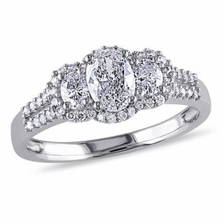 0.99 CT. T.W. Oval Diamond Frame Three Stone Double Row Engagement Ring in 14K White Gold