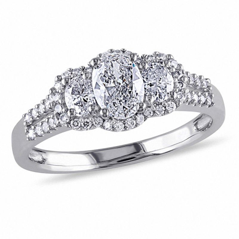 0.99 CT. T.W. Oval Diamond Frame Three Stone Double Row Engagement Ring in 14K White Gold|Peoples Jewellers