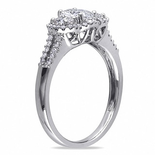 0.99 CT. T.W. Oval Diamond Frame Three Stone Double Row Engagement Ring in 14K White Gold