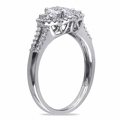 0.99 CT. T.W. Oval Diamond Frame Three Stone Double Row Engagement Ring in 14K White Gold