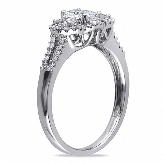 0.99 CT. T.W. Oval Diamond Frame Three Stone Double Row Engagement Ring in 14K White Gold