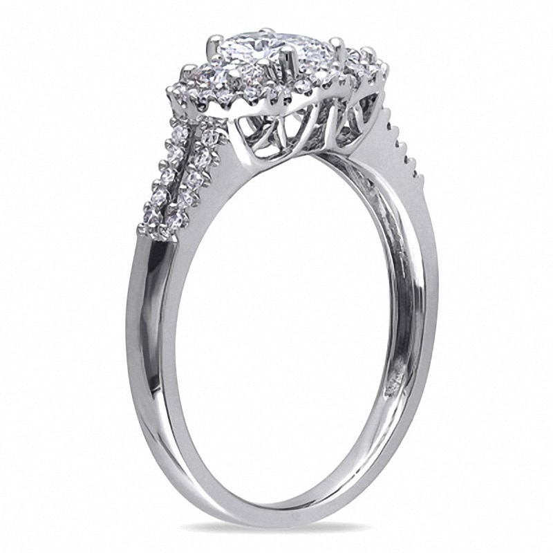 0.99 CT. T.W. Oval Diamond Frame Three Stone Double Row Engagement Ring in 14K White Gold|Peoples Jewellers