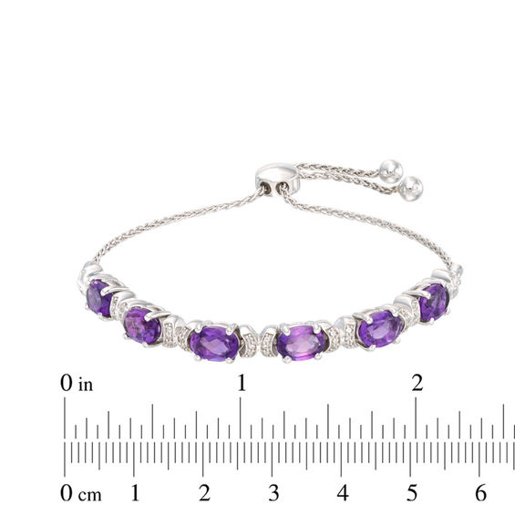 Oval Amethyst and 0.09 CT. T.W. Diamond Five Stone Bolo Bracelet in Sterling Silver - 9.5"