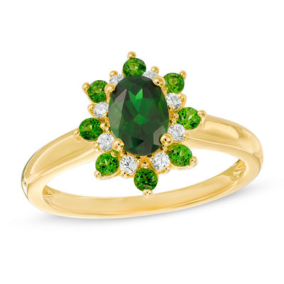 Oval Chrome Diopside and 0.12 CT. T.W. Diamond Flower Frame Ring in 10K Gold