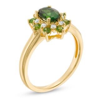 Oval Chrome Diopside and 0.12 CT. T.W. Diamond Flower Frame Ring in 10K Gold