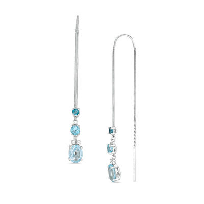 Blue Topaz and Lab-Created White Sapphire Three Stone Threader Drop Earrings in Sterling Silver