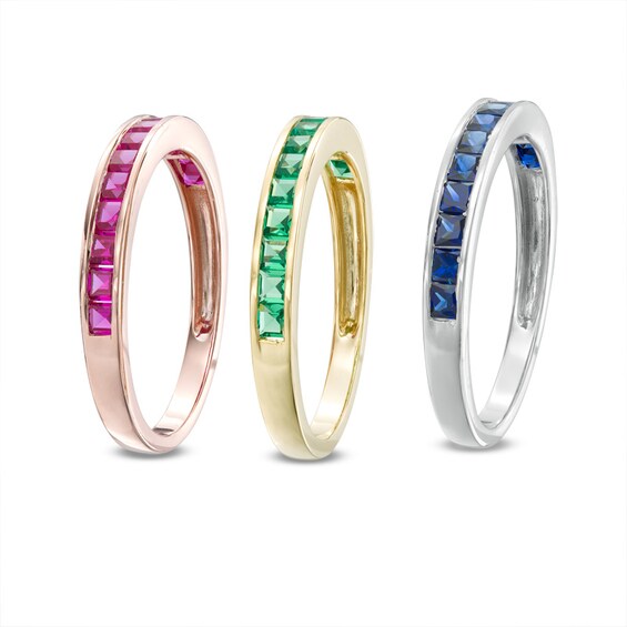 Lab-Created White Sapphire, Emerald, Ruby and Blue Sapphire Four Piece Bridal Set in Sterling Silver