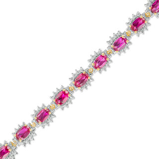 Oval Lab-Created Ruby and Diamond Accent Sunburst Frame Bracelet in Sterling Silver with 18K Gold Plate - 7.5"