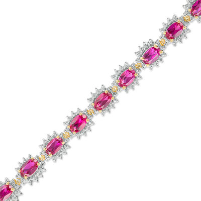 Oval Lab-Created Ruby and Diamond Accent Sunburst Frame Bracelet in Sterling Silver with 18K Gold Plate - 7.5"