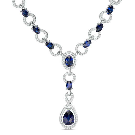 Pear-Shaped Lab-Created Blue and White Sapphire "Y" Link Necklace in Sterling Silver - 17"