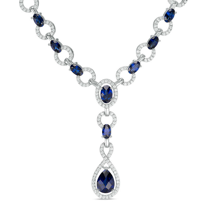 Main Image 1 of Pear-Shaped Lab-Created Blue and White Sapphire &quot;Y&quot; Link Necklace in Sterling Silver - 17&quot;