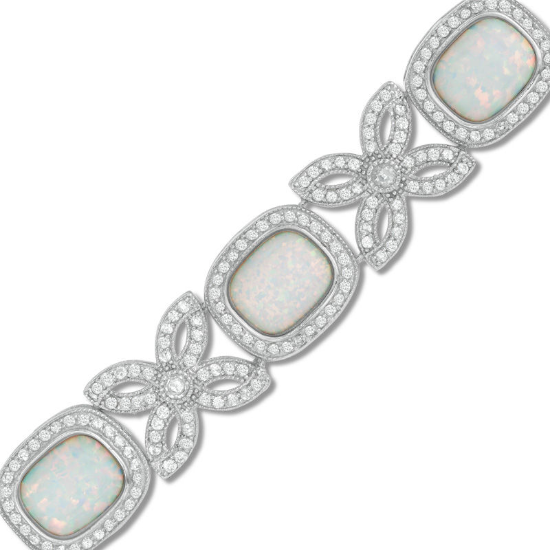Cushion-Cut Lab-Created Opal and White Sapphire Vintage-Style "XO" Bracelet in Sterling Silver|Peoples Jewellers