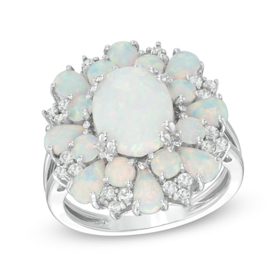 Oval Lab-Created Opal and White Sapphire Flower Ring in Sterling Silver