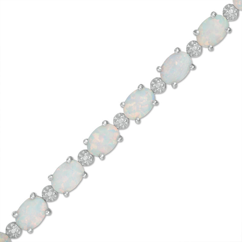 Oval Lab-Created Opal and Diamond Accent Line Bracelet in Sterling Silver - 7.5"