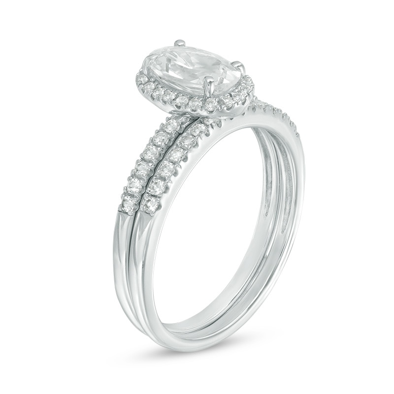 Oval Lab-Created White Sapphire Frame Bridal Set in Sterling Silver