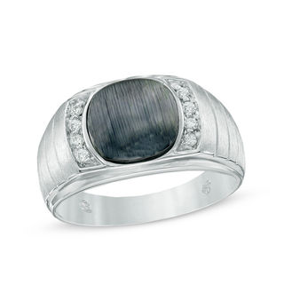 Men's 10.0mm Cushion-Cut Grey Cat's Eye and 0.15 CT. T.W. Diamond Ring in Sterling Silver