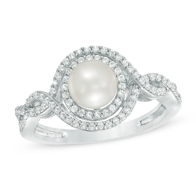 6.0mm Freshwater Cultured Pearl and Lab-Created White Sapphire Double Frame Ring in Sterling Silver