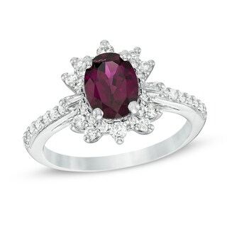 Oval Rhodolite Garnet and Lab-Created White Sapphire Starburst Frame Ring in 10K White Gold