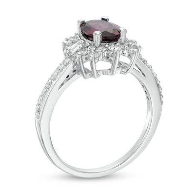 Oval Rhodolite Garnet and Lab-Created White Sapphire Starburst Frame Ring in 10K White Gold