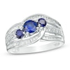 Thumbnail Image 0 of Lab-Created Blue and White Sapphire Three Stone Slant Ring in Sterling Silver