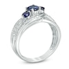 Thumbnail Image 1 of Lab-Created Blue and White Sapphire Three Stone Slant Ring in Sterling Silver