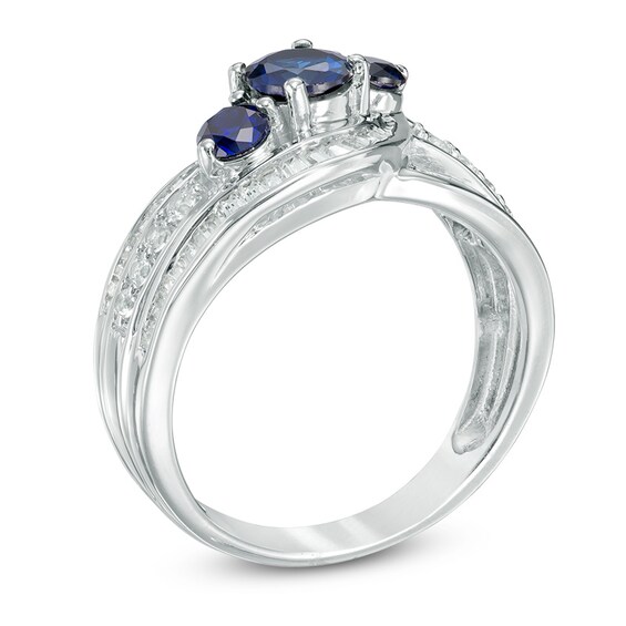 Lab-Created Blue and White Sapphire Three Stone Slant Ring in Sterling Silver