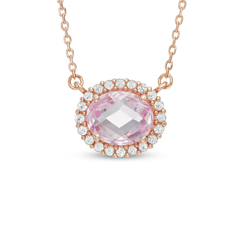Oval Rose de France Amethyst and Lab-Created White Sapphire Frame Necklace in Sterling Silver and 18K Rose Gold Plate