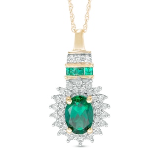 Oval Lab-Created Emerald and White Sapphire Sunburst Frame Pendant in 10K Gold